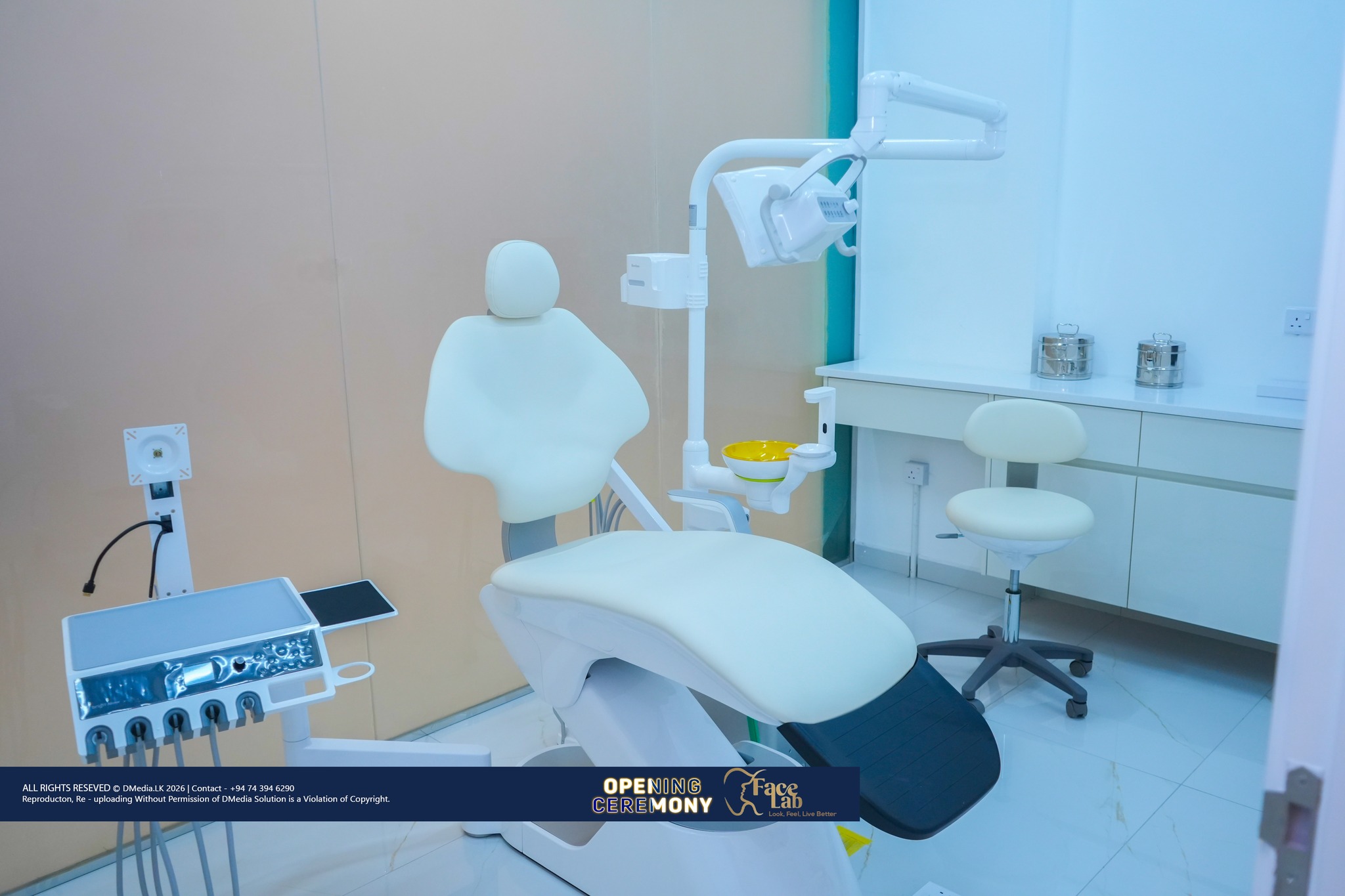Dental operatory with chair and overhead light at FaceLab, The Shoppes at City of Dreams, Colombo