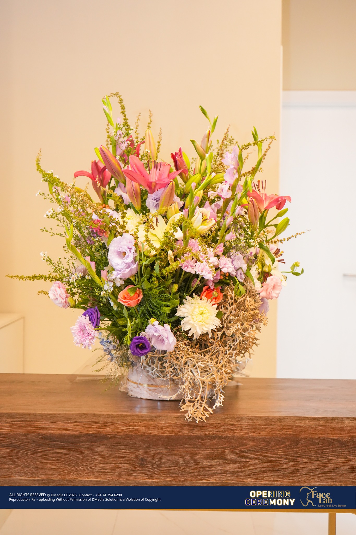 A floral arrangement at the FaceLab entrance on opening day